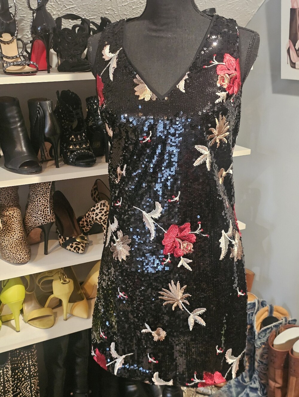 Lucy Paris Black Sequin V-Neck Dress with Red and Cream Floral Embroidery
